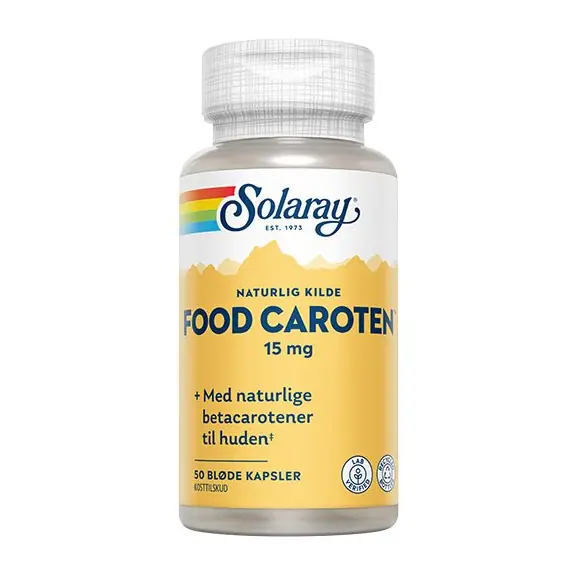 Solaray Food Caroten 15 mg dietary supplement bottle with yellow label and cap, beta-carotene product for skin health (50 capsules)