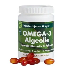 Bottle labeled Omega-3 Algae with vegan fish-oil alternative; red softgel capsules sit in front of it.