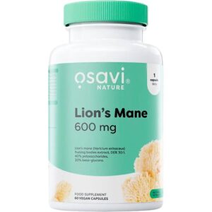 Osavi Lion's Mane 600 mg vegan capsules bottle with green label and matching cap.