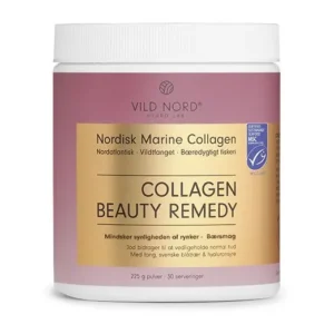Jar of Nordisk Marine Collagen Beauty Remedy powder with pink label, white lid, and gold accent; text reads 'Collagen Beauty Remedy' and '225 g powder • 30 servings'
