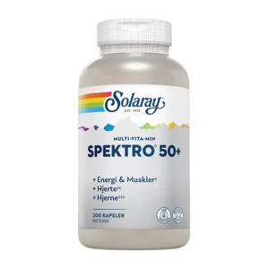 Bottle of Solaray Spekro 50+ multivitamin capsules with a rainbow logo and a white cap on a white background, 200 capsules noted on the label