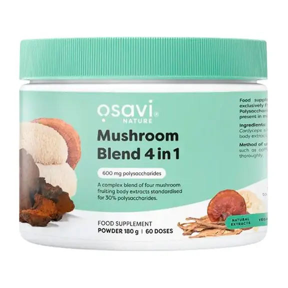 Jar labeled Qsavi Mushroom Blend 4 in 1, a food supplement bottle with a teal cap (180 g).