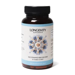 Bottle of Longevity Supplements Nicotinamide Riboside (NR) capsules with a blue and white label and a decorative central motif on the front.