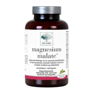 Brown glass bottle with a silver cap containing New Nordic magnesium malate capsules; label prominently reads "magnesium malate".