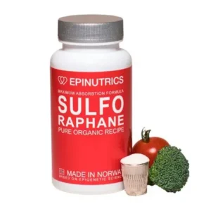 Sulforaphane supplement bottle with Epinutrics label, beside broccoli, tomato, and a small scoop.