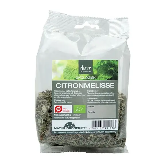 Bag of Natur Drogeriet Citronmelisse lemon balm tea in a clear plastic pouch with green label and barcode (20 g).