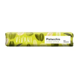 Vivani pistachio chocolate bar in green-yellow packaging with ‘Dubai Style’ and ‘Bio Organic’ label