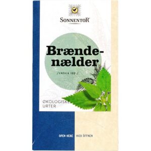 Brændenælde økologiske urter box by SonnenTor with blue and beige panels and a green circle graphic.