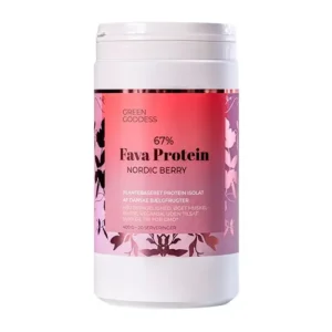 Container of 67% Fava Protein Nordic Berry protein powder with pink label and white lid (supplement jar)