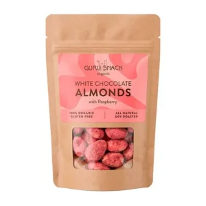 Mandler m. hvid chokolade & hindbær Ø | 100 g | Guru Snack