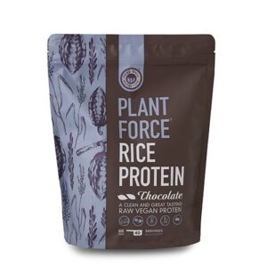Pouch of Plant Force Rice Protein chocolate flavor with brown and purple packaging and grain illustrations on the left side.