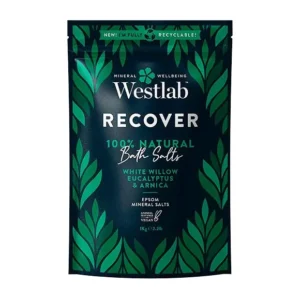 Westlab Recover 100% natural bath salts pouch with green leaf design and text: White Willow, Eucalyptus & Arnica (1 kg).