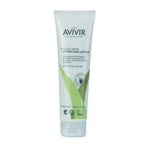 Tube of Avivir Aloe Vera After Sun Lotion with a green leaf graphic, standing upright with a white flip-cap.