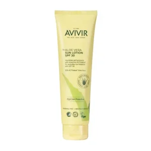 Tube of Avivir Aloe Vera Sun Lotion SPF 30 with yellow packaging