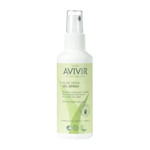 White spray bottle with a pale green label reading AVIVIR Aloe Vera Gel Spray.