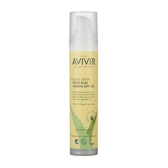 Tall pump bottle of Avivir Aloe Vera Face Sun Cream SPF 30 with a beige-yellow label and a white cap.