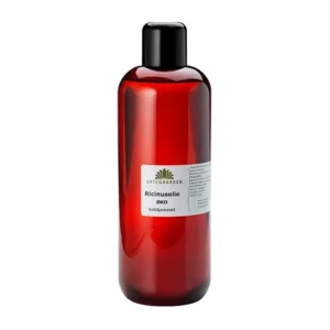 Red bottle of castor oil (Ricinusolie) with black cap and white label, shown against a white background.