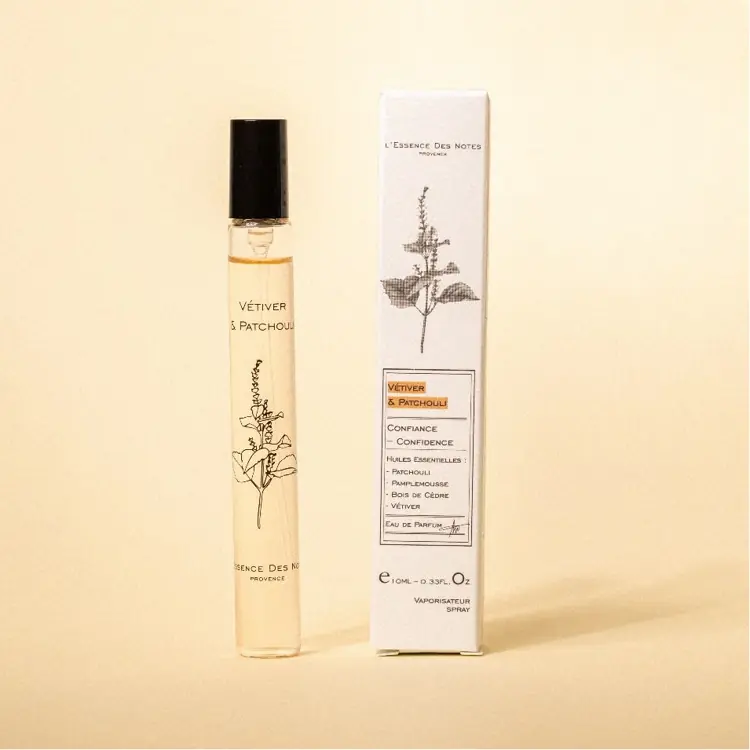 Perfume bottle with a black cap beside its white box labeled 'Vetiver & Patchouli'—vintage fragrance packaging.