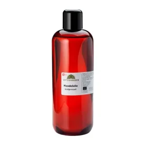 Red, translucent bottle of almond oil (Mandelolie) with a black cap and white label, cold-pressed.