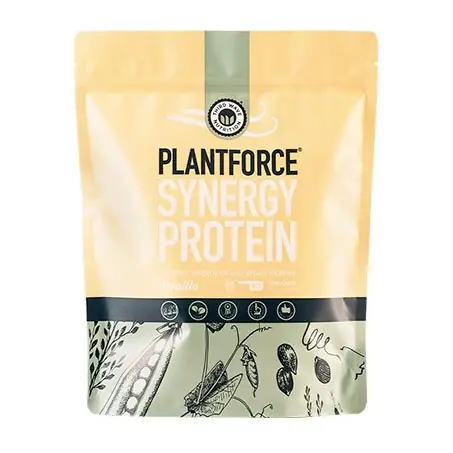Cream-colored PlantForce Synergy Protein powder bag with a green vertical stripe and botanical illustrations along the bottom.