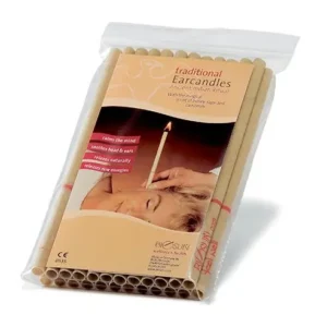 Clear bag containing traditional ear candles; label shows a person receiving an ear candling treatment.