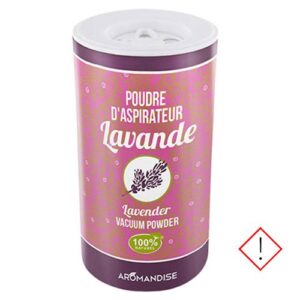 Lavender-scented carpet vacuum powder canister with white cap and a caution symbol on the side.