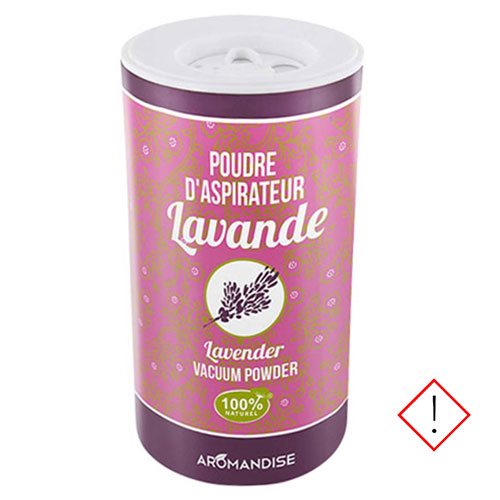 Lavender-scented carpet vacuum powder canister with white cap and a caution symbol on the side.