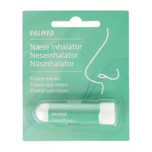 Valmed nasal inhaler packaging in mint green with white cap visible through blister pack