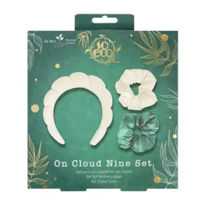 Hair accessory set: white cloud-shaped headband with two matching scrunchies (white and teal) for hairstyles, on a green decorative box.