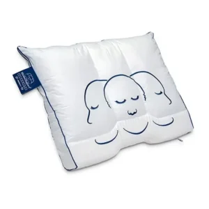 White decorative pillow with three stitched cloud faces and blue piping along the edges.