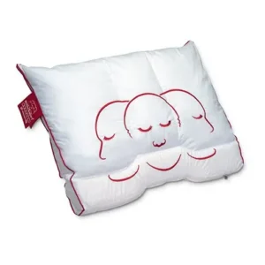 White pillow with red embroidered outlines of three sleeping faces on white fabric.