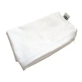 White fabric zippered pouch lying on its side on a white background, a simple rectangular bag for cosmetics or toiletries.