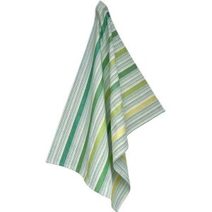 Striped green, white, and pale yellow towel draped and hanging against a white background.