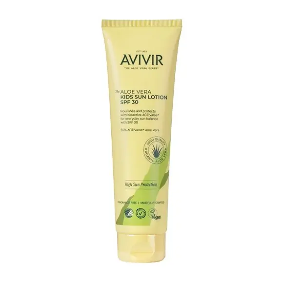 Tube of Avivir Aloe Vera Kids Sun Lotion SPF 30 for children, pale yellow packaging with aloe image and sun protection label