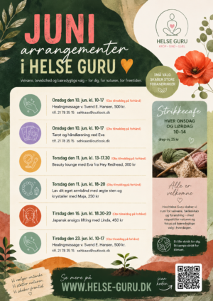 Poster for June wellness events at Helse Guru with a floral design and a schedule of workshops and dates in Danish.