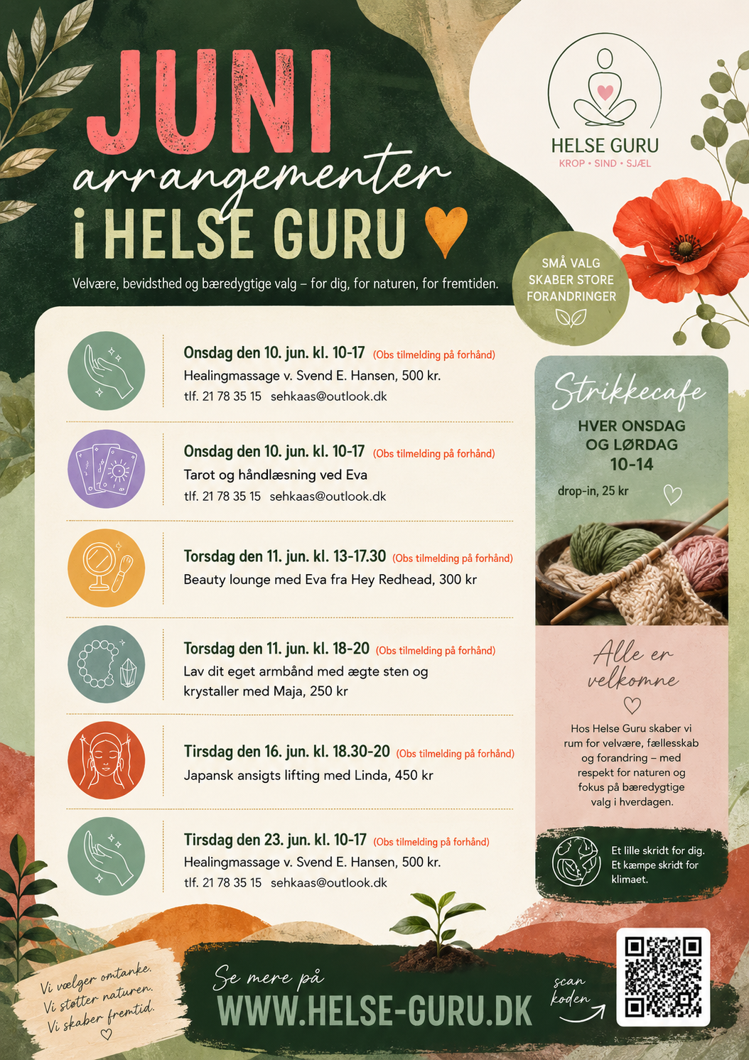 Poster for June wellness events at Helse Guru with a floral design and a schedule of workshops and dates in Danish.