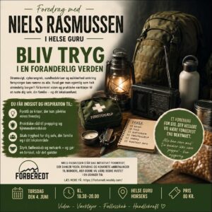 Poster advertising a talk by Niels Rasmussen on staying safe; camping gear (lantern, backpack, radio) and a first-aid kit on a wooden table.